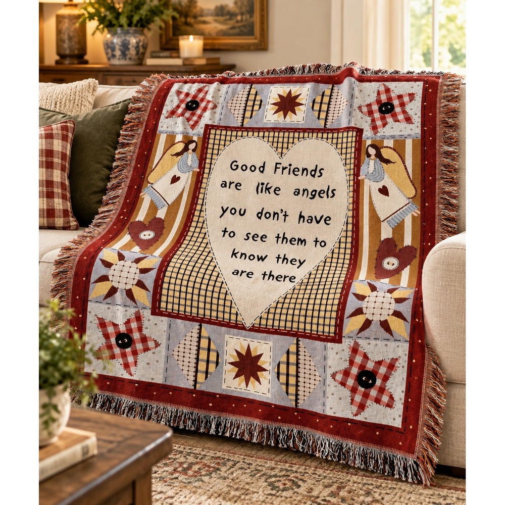 Primitive Country Woven Tapestry Throw Blanket Good Friends Are Like Angels